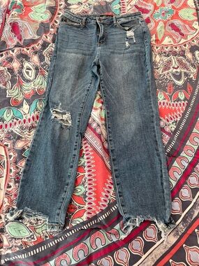 Judy Blue Dark Blue Flare Jeans with Distressed Details